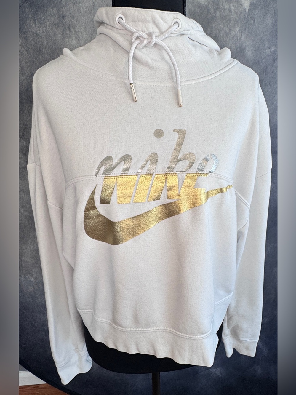 Nike White Crop Hoodie with Metallic Gold Logo